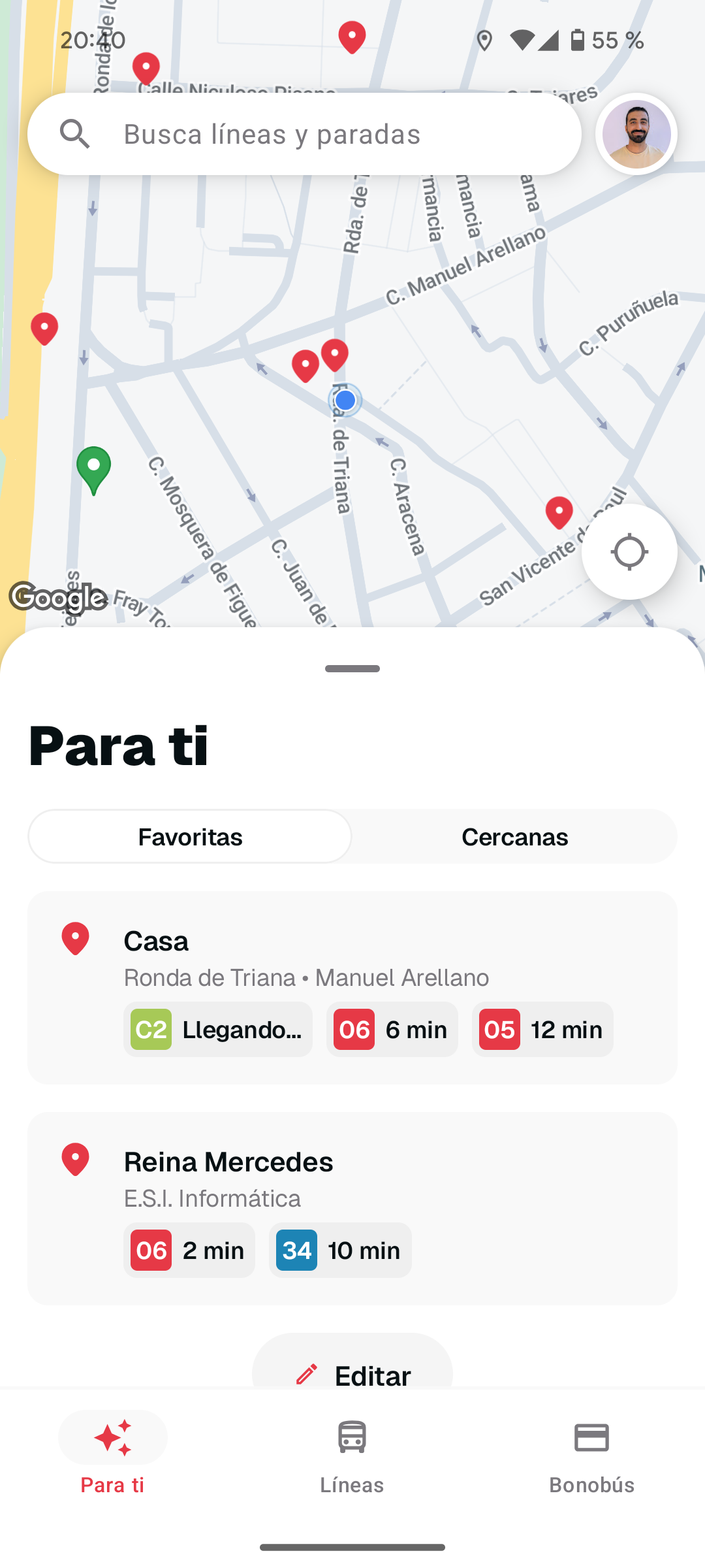 SeviBus App - Pantalla principal Para ti con paradas favoritas y horarios en tiempo real